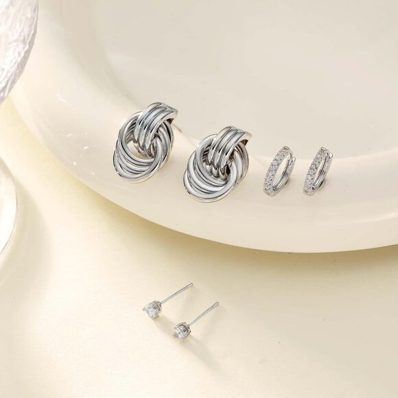 3 Pairs Silver Hoop Earrings Set for Women Chunky Trendy Huggie Dainty Jewelry - Picture 5 of 6